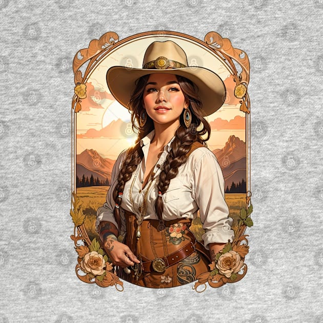 Farm Cowgirl at sunset in boho tribal retro vintage design by Neon City Bazaar